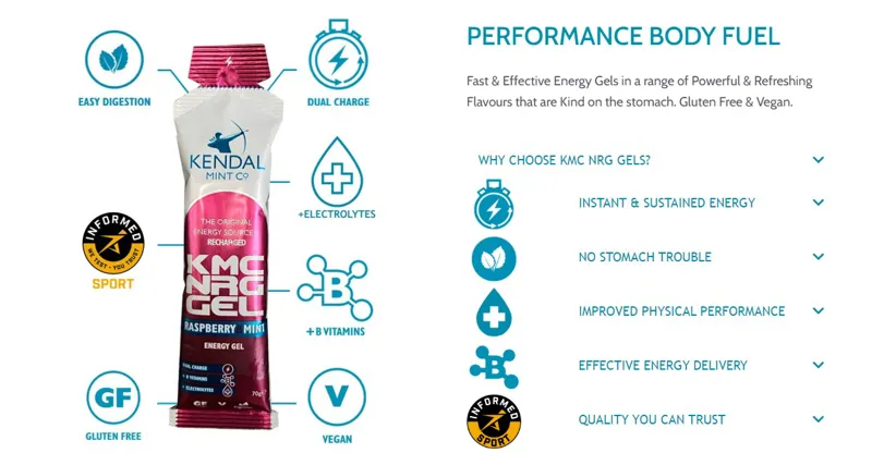 Kendal Mint KMC NRG GEL Caffeine Energy Gel in Raspberry and Mint x 12 Gels-1